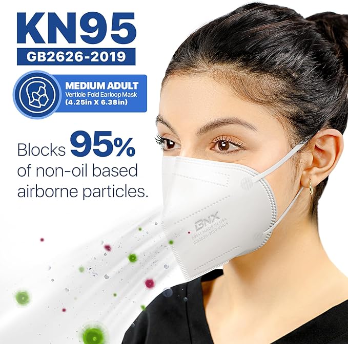 BNX KN95 Face Masks Made in USA (Adult Large, Adult Medium, Kids Small) (Earloop) (Model: E95/E95M/E95S)