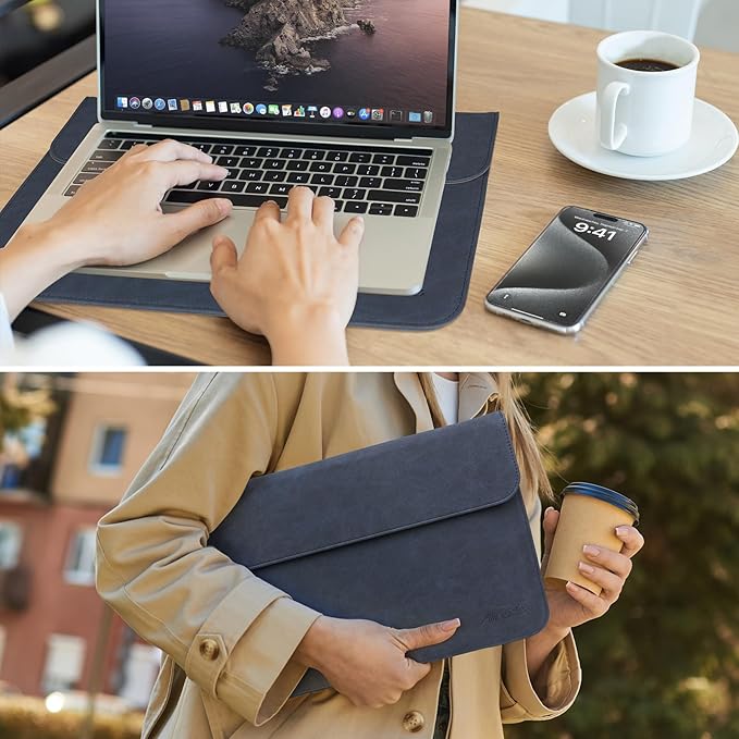 Allinside 13 Inch Laptop Sleeve Case for MacBook Air 13 2018-2025/MacBook Pro 13 2016-2022/Macbook Pro 14 2021-2024, Waterproof PU Leather Horizontal Envelope Protective Case Cover, Navy Blue