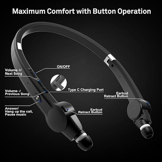 AMORNO Foldable Bluetooth Neckband Headphones, Wireless Sports Headset with Retractable Earbuds, Sweatproof Noise Cancelling Stereo Earphones with Built-in Mic for Running, Workout (Deep Black)