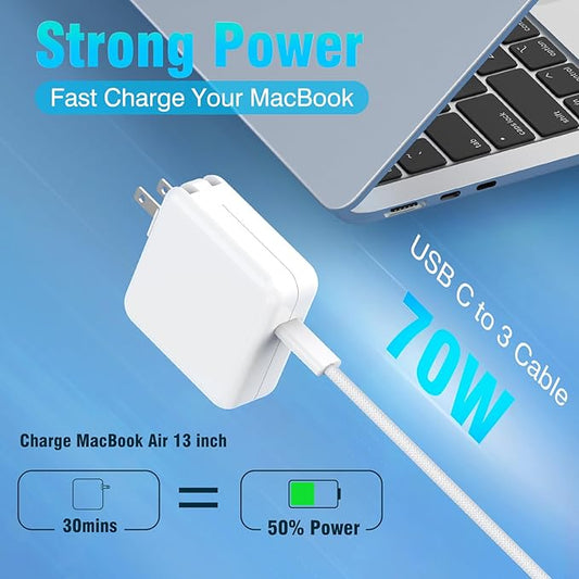 Charger for MacBook Air 13 15 inch MacBook Pro 14 inch 2025 2024 2023 2022 2021 M4 M3 M2 M1, 70W USB C Power Adapter, 6.6FT USB C to 3 Braided Cable with LED, Powerful Connect, Original Quality