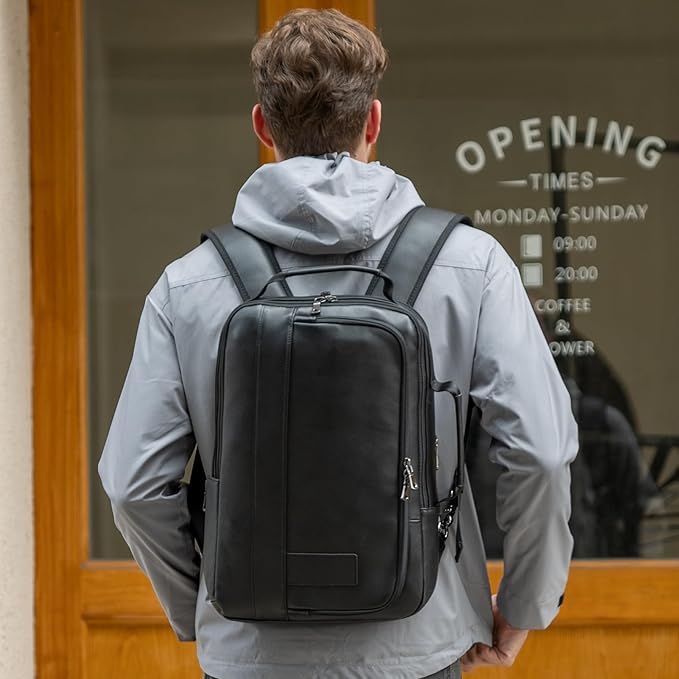 Masa Kawa Slim Leather 15.6" Laptop Backpack for Men Convertible Briefcase Backpacks Expandable Black Business Work Bag Slim Travel Daypack
