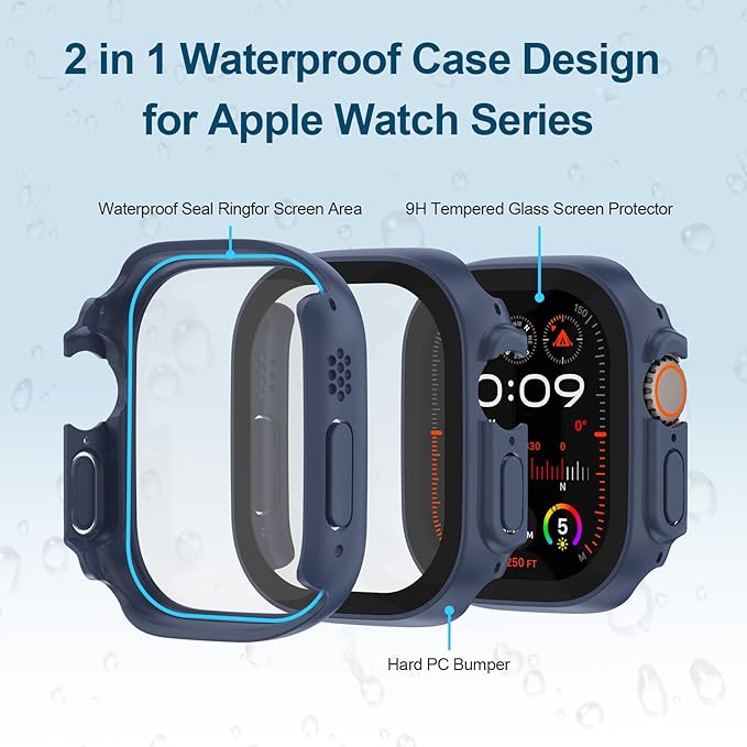 2 in 1 Waterproof Case for Apple Watch Screen Protector Ultra 1/2 Ultra 3(2025) 49mm with Tempered Glass [Overal Protective] Ultra-Thin PC Bumper Cover Compatible iWatch Accessories