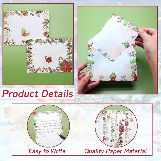 160 Pcs Stationery Paper Set Including 50 Matching Envelopes 50 One Sided Stationery Writing Papers 60 Round Dot Sticker for School Office Supplies,10 Design, 5.5 x 8.25 Inch(Christmas)