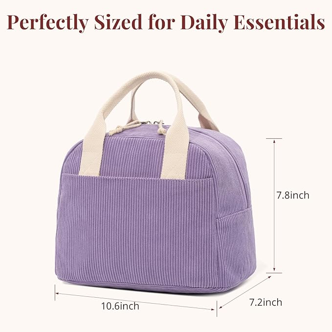 Insulated Purple Haze Lunch Bag for Women, Stylish Corduroy Tote with Aluminum Lining, Large Capacity Reusable Cooler for Work, Travel, or Beach, Beige Cream Water-Resistant Lunch Box