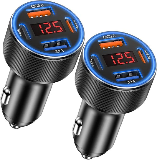 Car Charger USB C, Besgoods 4 Ports Cigarette Lighter USB Charger USB C Car Adapter PD/QC Fast Charging with Voltmeter for iPhone 17 16 15 14 13 12 Galaxy S24 S23 A54 A16 Android Dash Cam, 2Pack