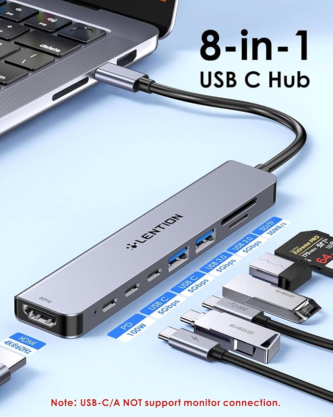 LENTION 8 in 1 USB C Hub with 4K@60Hz HDMI Adapter, 2 USB C Data & 2 USB 3.0 Port, 100W PD, SD/Micro SD Card Reader for 2016-2024 MacBook Pro M4, New Mac Air/Surface, More, (CB-CE19, Space Gray)