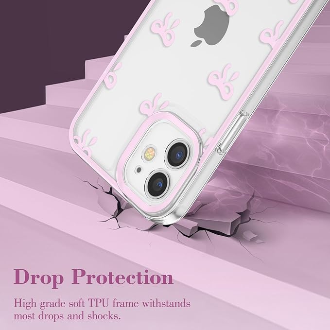 EYZUTAK Case for iPhone 11, Clear Cute Ribbon Bowknot Pattern Aesthetic Transparent Phone Case Raised Camera Protection Stylish Slim Soft Durable TPU Protective Cover for Women Girls - Pink