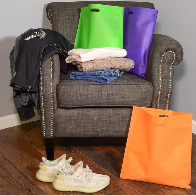 Leofi Bulk 50 Pack Mega 15" x 16" Cutout Handle Tote Assortment - Ideal Grocery Shopping, Treat, Trade Shows, Gift or Everyday Bags