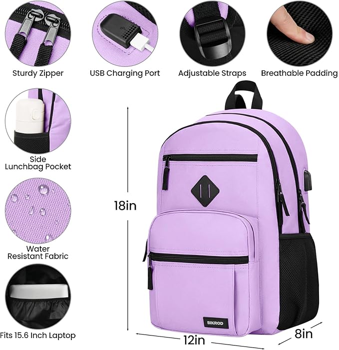 BIKROD Backpack for Girls Women, School Backpack for Teen Boys, Lightweight Casual High School Bookbag, Daily-use Travel Laptop Backpack with USB Charging Port Fits 15.6 Inch Notebook