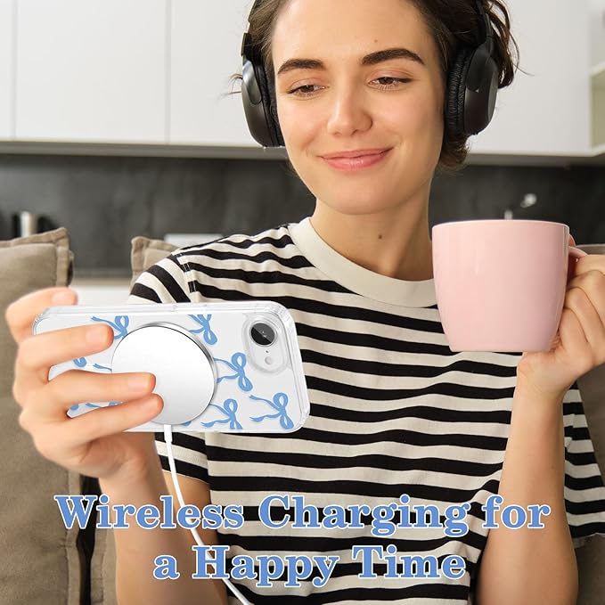 UEEBAI Magnetic for iPhone 16e Case, Bow Case Compatible with MagSafe, Wireless Slim Clear Ribbon Aesthetic Phone Cover Anti-Yellowing Shockproof Protective Cover for Women Girl - Blue