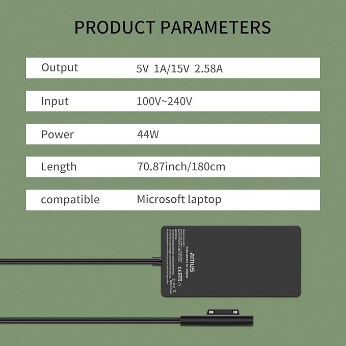 44W 15V 2.58A Surface Pro AC Laptop Charger fit for Microsoft Surface Pro 3 Pro 4 Pro 5 Pro 6, Laptop 2/1, Go 2/3 Surface Book 1/2 Model 1625 1800 Power Adapter with 5V 1A USB Charging Port