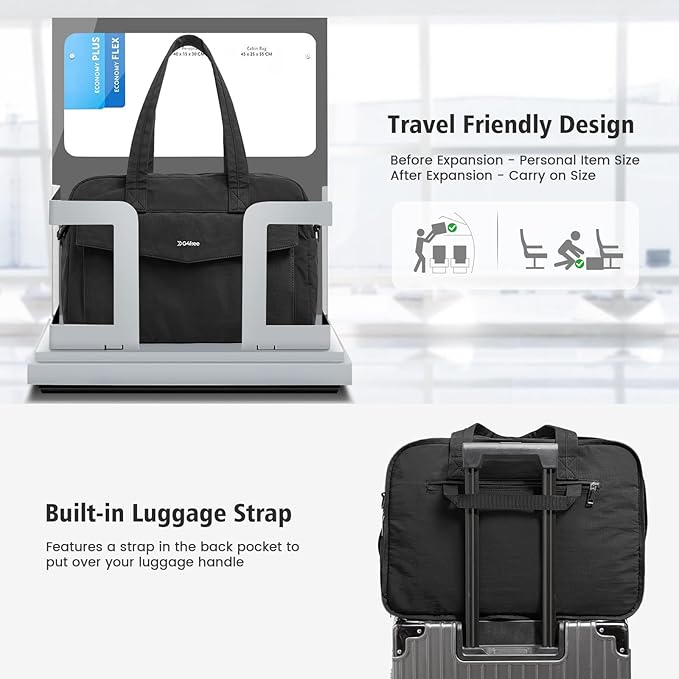 G4Free Expandable Duffle Bag for Travel Weekender Overnight Carry On Tote Duffel Bags for Men Women (Black)