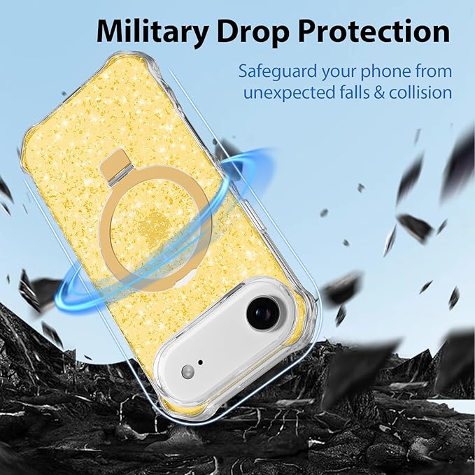 Magnetic for iPhone Air Case with Invisible Stand, Compatible with MagSafe, Clear Bling Sparkle Shockproof Slim Anti-Slip Military Drop Protection Hard Phone Case 6.5" Glitter Gold