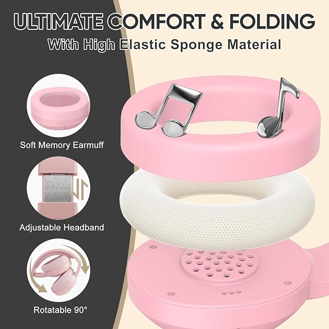 SDLOGAL Wireless Over Ear Headphones, Personalized Music & Game Audio, Wireless BT5.4 Headphones with Microphone, Up to 40 Hours Battery Life, Foldable & Lightweight - Pink