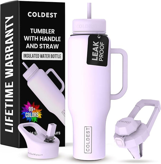 Coldest Tumbler with Handle and Straw - 100% Leak Proof Insulated Tumbler with Lid and Straw (3 Lids) - Stainless Steel Tumblers for Women & Men - Cup Holder Friendly Base, 46 oz (Lilac Blue)