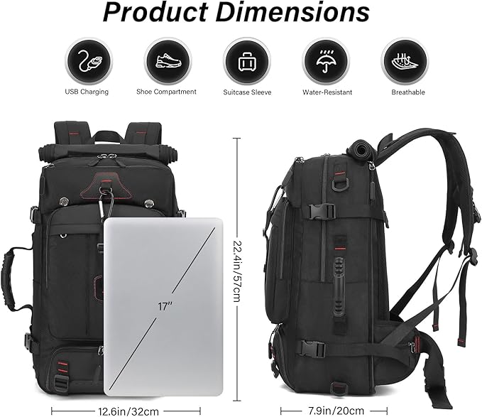 Travel Backpack for Men & Women, 50L Large Carry on Backpack Durable Convertible Duffle Bag Fit for 17 Inch Laptop with Shoe Compartment, Wet Pocket