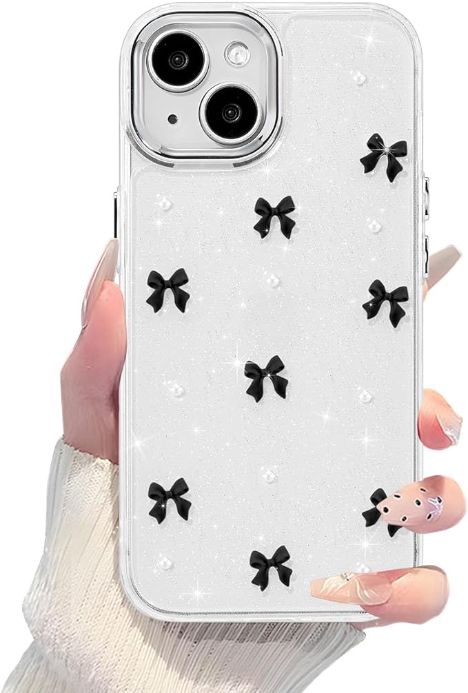 EYZUTAK Case for iPhone 14 Plus, Bling Glitter 3D Bowknot Phone Case Cute Sparkly Crystal Clear Bow Aesthetic Design Case Slim Soft Durable TPU Transparent Protective Cover for Women Girl - Black Bow