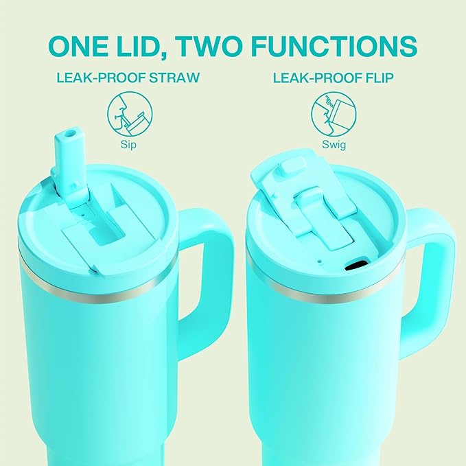 40 oz Tumbler with Handle and Straw: Stainless Steel Insulated Tumbler Keeps Cold for 24 Hours, Leakproof Travel Cup Fits in Cup Holder and BPA-Free, Aquamarine Blue