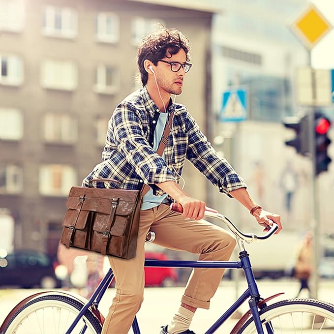 Seyfocnia Leather Messenger Bag for Men, Vintage Leather Laptop Bag Briefcase Satchel, 17.3 Inch Computer School Work Bag (Brown)