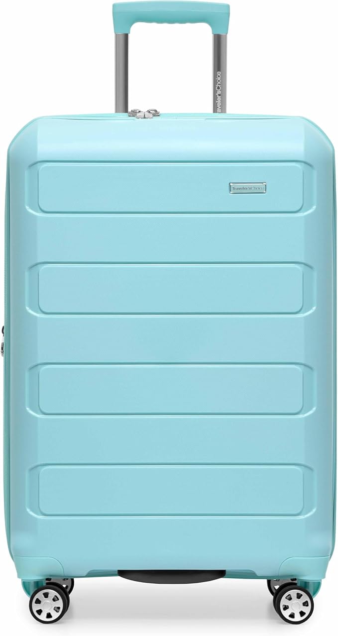 Traveler's Choice Pagosa Indestructible Hardshell Expandable Spinner Luggage, Baby Blue, 26-Inch Medium