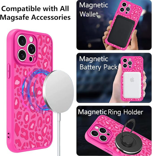 KANGHAR Case for iPhone 14 Pro Hot Pink Leopard Printed Pattern Cute Cheetah [Compatible with Magsafe] Protective Magnetic Case for Girls Women 6.1"