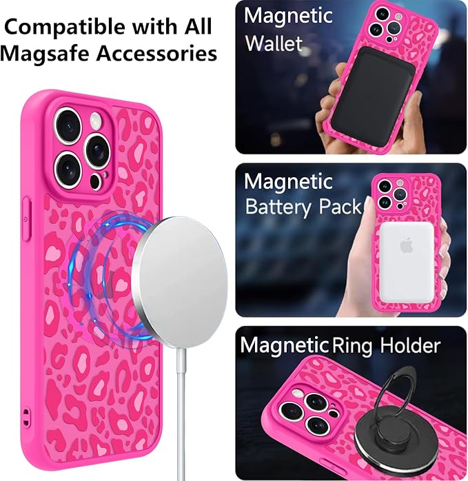 KANGHAR Case for iPhone 12 Pro Hot Pink Leopard Printed Pattern Cute Cheetah [Compatible with Magsafe] Protective Magnetic Case for Girls Women 6.1"