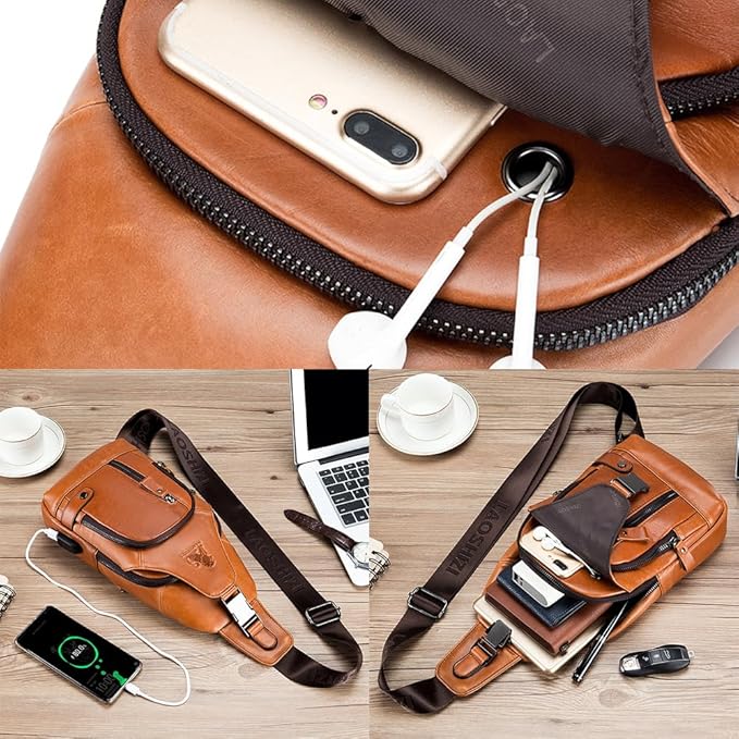 pundarika Leather Sling Bag for Men,small Crossbody Shoulder bag for men,men’s shoulder pack crossbody sling backpack.-brown