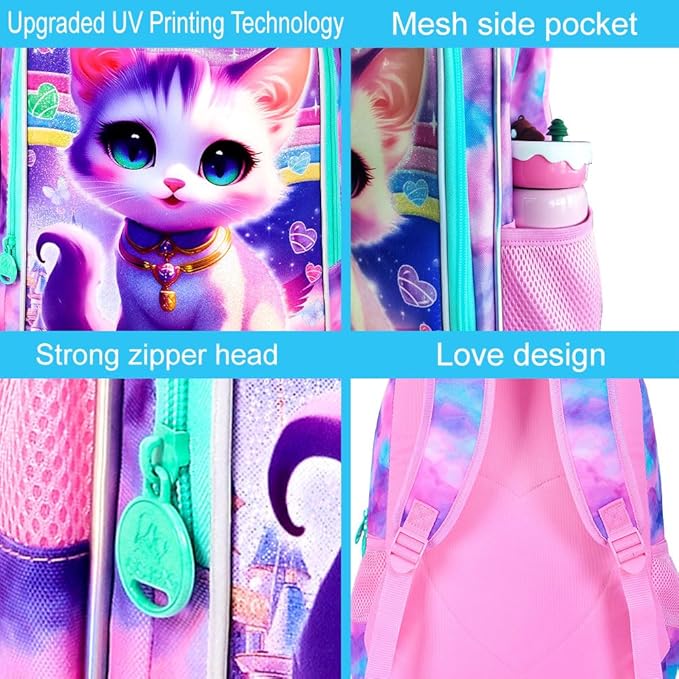 3Pcs Cat Backpack for School, 16" Girls Bookbag with Lunch Box, Kids Backpacks Set for Elementary Preschool Kindergarten(Pink)