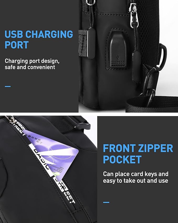 Large Black Sling Bag for Men, Shoulder Messenger Bag for Mens, Anti Theft One Strap Motorcycle Backpack Sling Chest Bag for Casual Hiking Walking Biking Travel Cycling Outdoor Sports