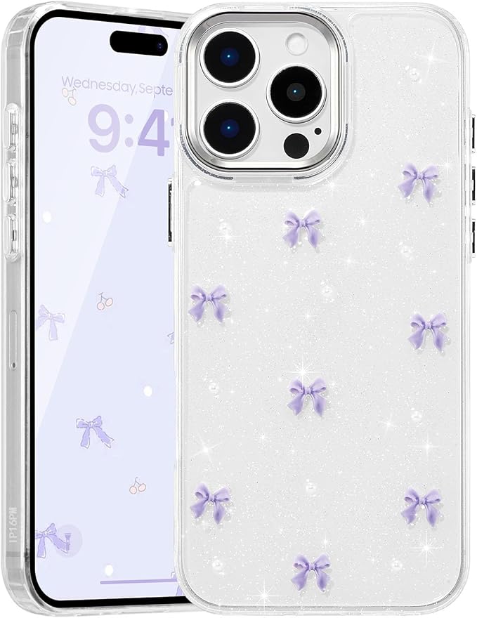 EYZUTAK Case for iPhone 16 Pro Max, Bling Glitter 3D Bowknot Phone Case Cute Sparkly Crystal Clear Bow Aesthetic Case Slim Soft Durable TPU Transparent Protective Cover for Women Girl-Purple Bow