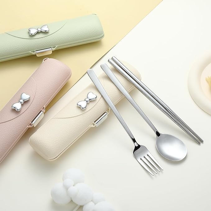 DEVICO Travel Silverware Set with Case, Portable Lunch Utensils Set for Work, Reusable Travel Cutlery Set, 18/8 Stainless Steel Flatware for Caming School Picnic, Dishwasher Safe (Light Yellow)