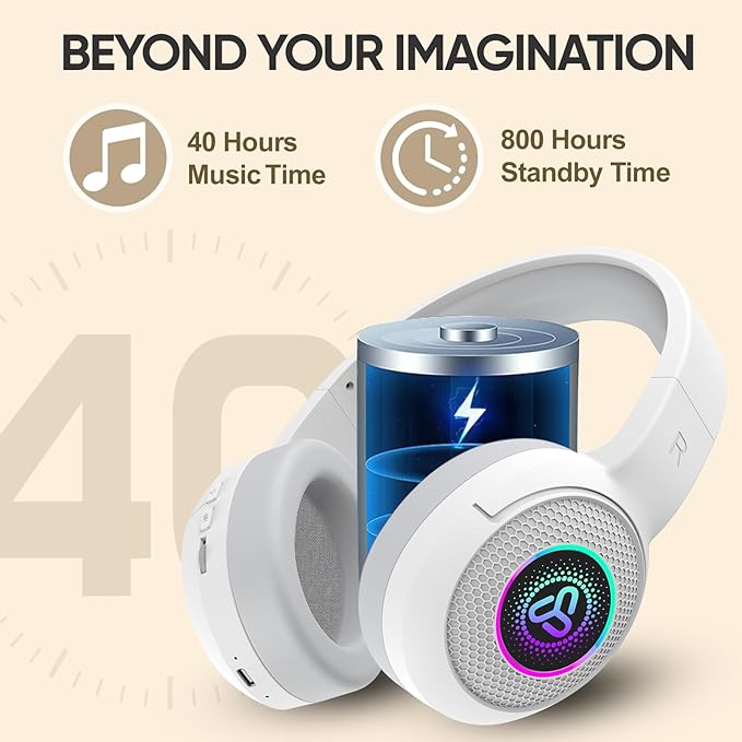SDLOGAL Wireless Over Ear Headphones, Personalized Music & Game Audio, Wireless BT5.4 Headphones with Microphone, Up to 40 Hours Battery Life, Foldable & Lightweight - White
