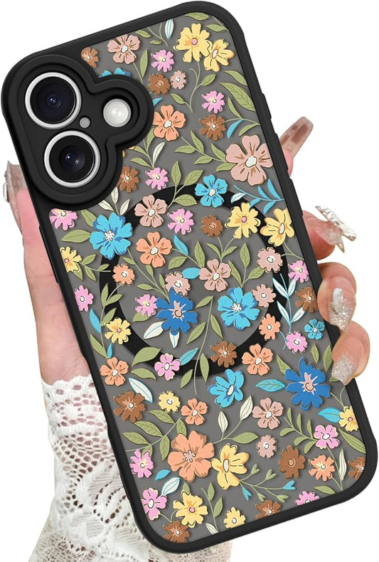 KANGHAR Case Compatible with iPhone 16 Flower Pattern [Compatible with Magsafe] Cute Colorful Blooming Florals Protective Magnetic Case for Girls Women 6.1"