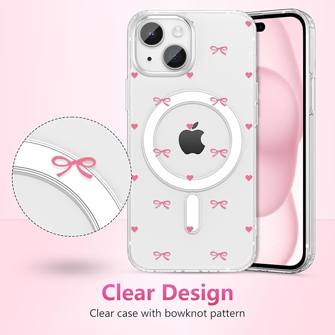 ZTOFERA for iPhone 14 Plus/15 Plus Magnetic Case Clear,Cute Love Heart Ribbon Bow Tie Aesthetic Phone Case,Transparent Trendy Slim Soft Shockproof Protective Phone Cover for Women Girls,Rose Pink
