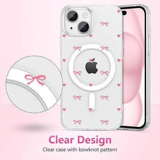ZTOFERA for iPhone 14 Plus/15 Plus Magnetic Case Clear,Cute Love Heart Ribbon Bow Tie Aesthetic Phone Case,Transparent Trendy Slim Soft Shockproof Protective Phone Cover for Women Girls,Rose Pink