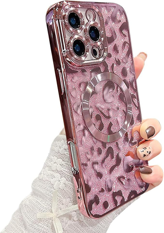 for iPhone 16 Pro Max Case Magnetic,Soft Cute Luxury Leopard Cheetah Pattern Plating Glitter Bling Phone Case Compatible with MagSafe Clear Shockproof Back Cover for Women Girl 6.9"-Pink