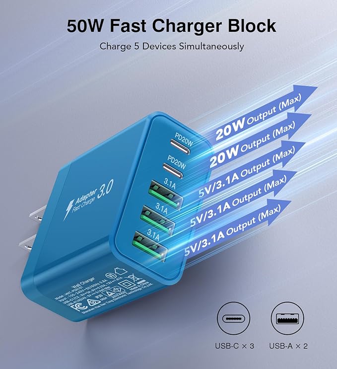 [2-Pack] USB C Wall Charger, 50W Fast USB C Charger Block, 5-Port PD Power Adapter + QC Wall Plug Multiport Type C Charging Block Cube Compatible with iPhone 16 15 14 13 12 11 Pro Max XR XS, Blue