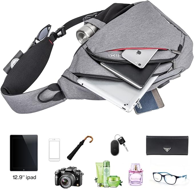 mixi Sling Bag Men Backpack Unisex One Shoulder Bag Hiking Travel Backpack Crossbody with USB Port for Men Women Versatile Casual Daypack-19 inch,Gery