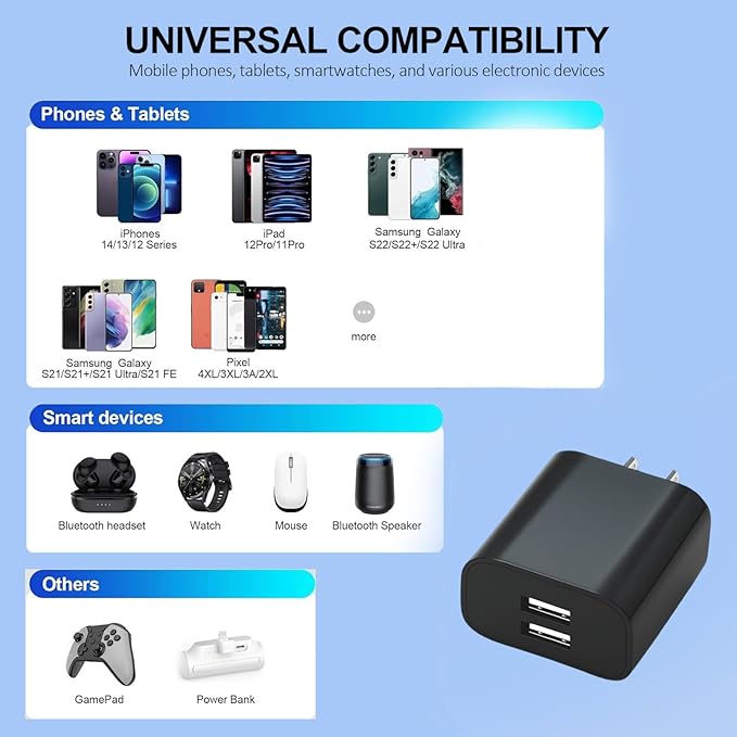 3 Pack USB Wall Charger, Dual Port Plug Adapter for Wall Outlet Charging Block, USB Power Adapter for iPhone 14/13/12/11 Pro/Pro Max, XS/XR/X, Galaxy, Pixel, Moto and Android Phones (Black)