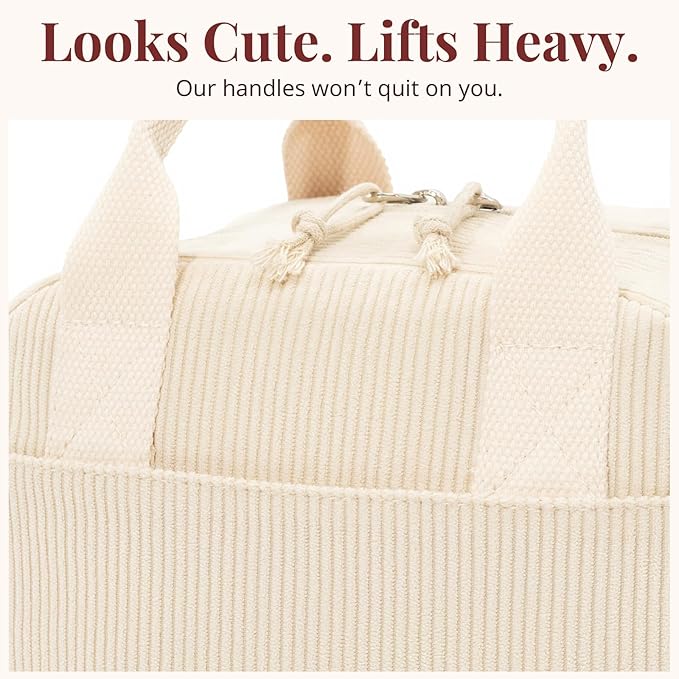 Insulated Cream Beige Lunch Bag for Women, Stylish Corduroy Tote with Aluminum Lining, Large Capacity Reusable Cooler for Work, Travel, or Beach, Beige Cream Water-Resistant Lunch Box