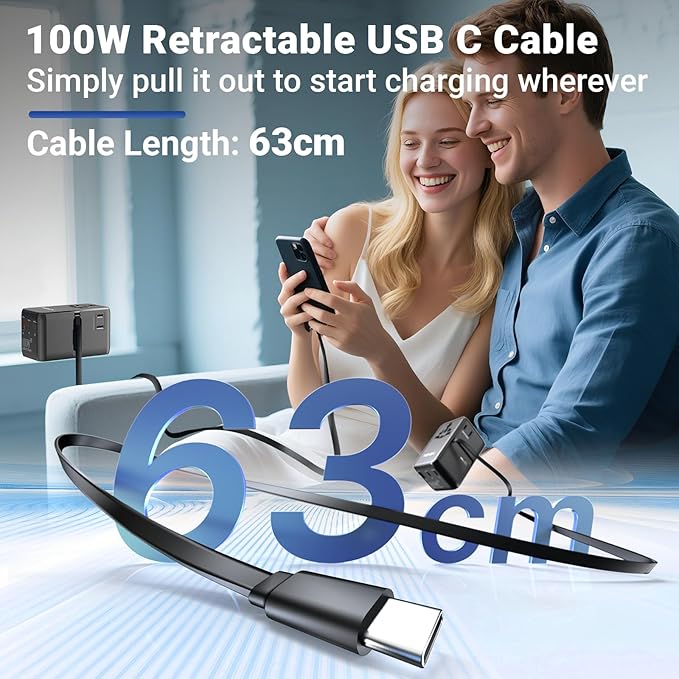 MINIX 100W Universal Travel Adapter with Retractable USB C Cable,GaN III International Power Adapter, Type-C*3 USB-A*1 Ports, AC Outlet, Worldwide Travel Charger for Laptops Tablets Phones Cameras