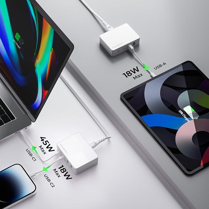 Fenergy 65W USB C Charger Block, GaN Fast Charging Station Hub, 4-Ports USB C and USB A Multiport Desktop Charger Adapter Plug Cube with 6ft AC Cable for iPhone 15 Pro Max/iPad/Galaxy/Tablet and More