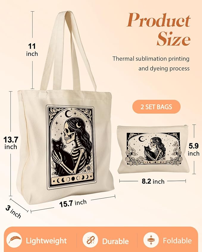 2 Pack Canvas Tote Bag - with Makeup Pouch Aesthetic Cute Women Reusable Canvas Bag for Shopping, Work, Travel
