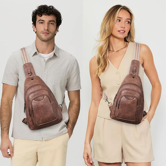 10L Crossbody Sling Bag for Women Men Anti Theft Cross Body Fanny Pack Belt Bag Purse Gifts for Women Faux Leather, Brown