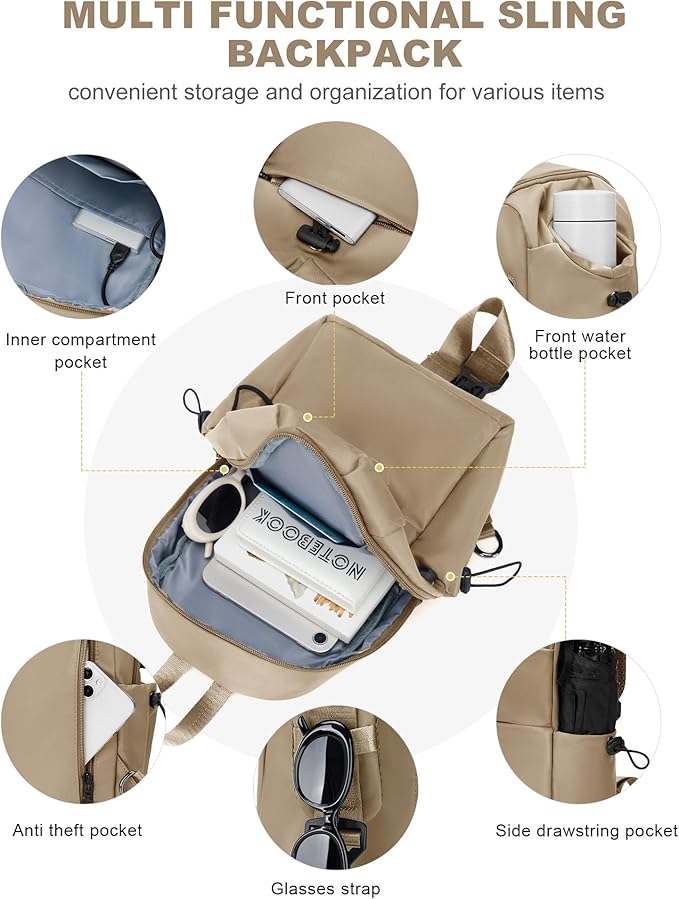 Sling Backpack bag for Men Khaki, Tactical BackpackSmall One Strap Daypack, Mini Anti-Theft Cross Body Motorcycle Chest Bags, Satchel Bag for Casual Travel Hiking Outdoor Sports Gym