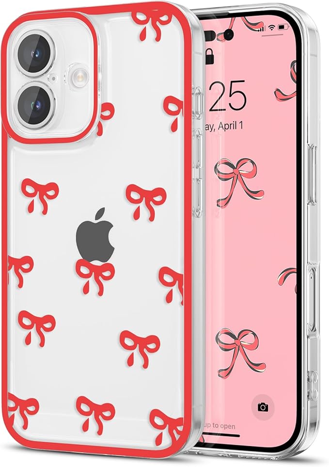 EYZUTAK Case for iPhone 17, Clear Cute Ribbon Bowknot Pattern Aesthetic Transparent Phone Case Raised Camera Protection Stylish Slim Soft Durable TPU Protective Cover for Women Girls - Red
