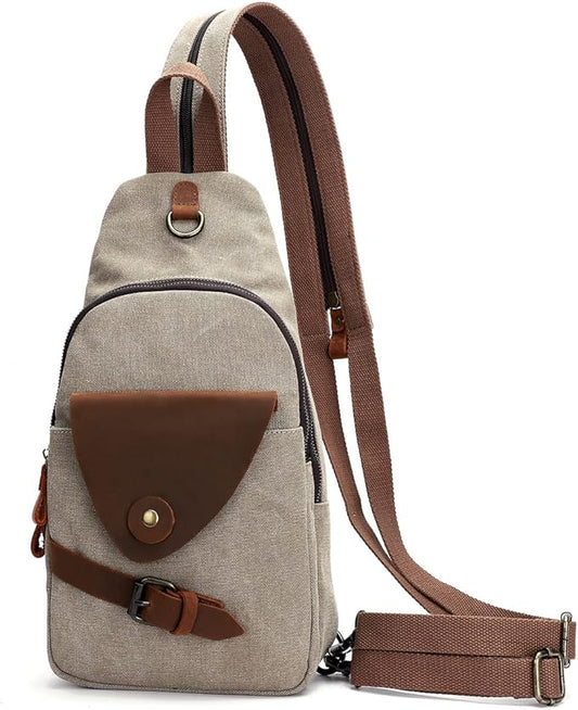 KL928 Canvas Sling Bag Crossbody Backpack Shoulder Casual Rucksack for Men Women,Khaki