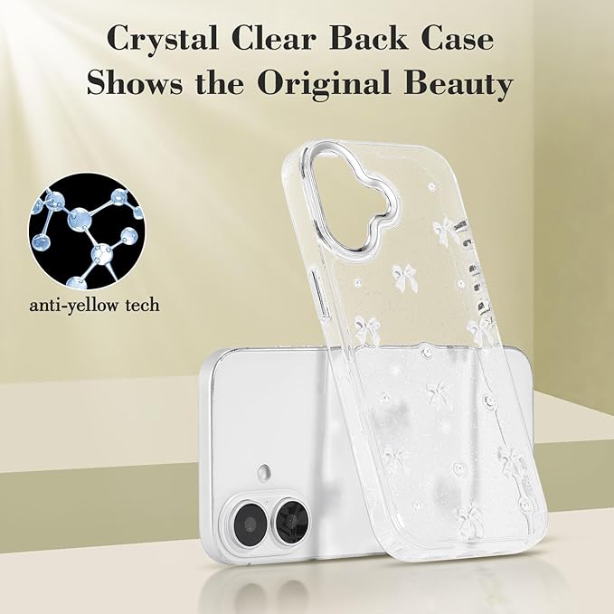 EYZUTAK Case for iPhone 16, Bling Glitter 3D Bowknot Phone Case Cute Sparkly Crystal Clear Bow Aesthetic Design Case Slim Soft Durable TPU Transparent Protective Cover for Women Girl - White Bow