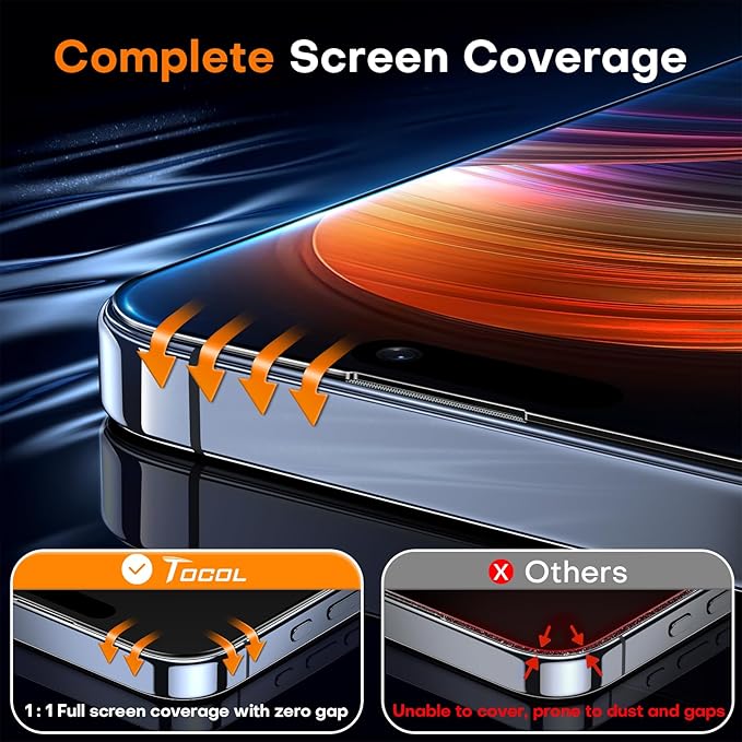 TOCOL for iPhone 15 Screen Protector 9H Hardness Military Grade Shatterproof HD Tempered Glass Full Coverage Easy Installation Case Friendly 2 Pack