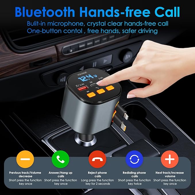 Retractable Car Charger,5 in 1 Fast Cars Phone Charger 90W,Bluetooth 5.3 FM Transmitter Adapter,Handsfree Call,2 Retractable Cables and USB Chargers for iPhone17/16 15/14/13
